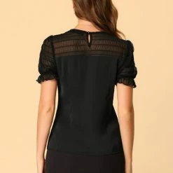 Allegra K Women's Lace Panel Keyhole Back Round Neck Puff Short Sleeve Tops