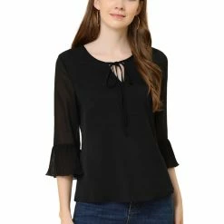 Allegra K Women's 3/4 Puff Flared Sleeve Tops Bow Tie Neck Chiffon Blouses