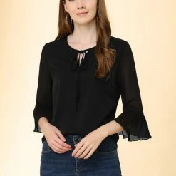 Allegra K Women's 3/4 Puff Flared Sleeve Tops Bow Tie Neck Chiffon Blouses