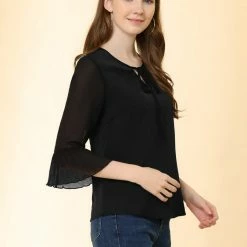 Allegra K Women's 3/4 Puff Flared Sleeve Tops Bow Tie Neck Chiffon Blouses