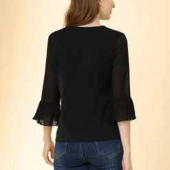 Allegra K Women's 3/4 Puff Flared Sleeve Tops Bow Tie Neck Chiffon Blouses