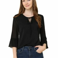 Allegra K Women's 3/4 Puff Flared Sleeve Tops Bow Tie Neck Chiffon Blouses