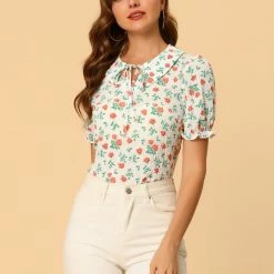 Allegra K Women's Peter Pan Collar Puff Short Sleeve Elegant Chiffon Floral Blouse