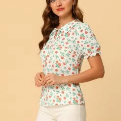 Allegra K Women's Peter Pan Collar Puff Short Sleeve Elegant Chiffon Floral Blouse