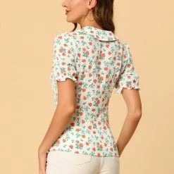Allegra K Women's Peter Pan Collar Puff Short Sleeve Elegant Chiffon Floral Blouse