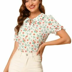 Allegra K Women's Peter Pan Collar Puff Short Sleeve Elegant Chiffon Floral Blouse