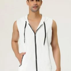 Allegra K Men's Slim Fit Sleeveless Hoodie Vest Lightweight Zip Up Hoodies