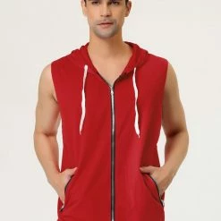 Allegra K Men's Slim Fit Sleeveless Hoodie Vest Lightweight Zip Up Hoodies