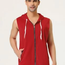 Allegra K Men's Slim Fit Sleeveless Hoodie Vest Lightweight Zip Up Hoodies