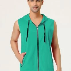 Allegra K Men's Slim Fit Sleeveless Hoodie Vest Lightweight Zip Up Hoodies