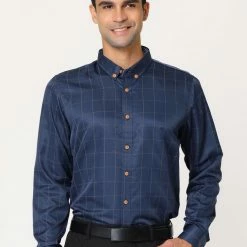 Allegra K Men's Dress Plaid Shirt Button Down Long Sleeves Contrast Business Shirt