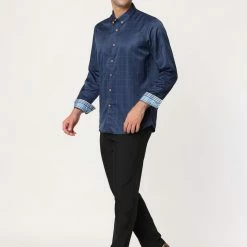 Allegra K Men's Dress Plaid Shirt Button Down Long Sleeves Contrast Business Shirt