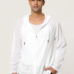 Allegra K Men's Full Zip Linen Hoodies Shirts Long Sleeves Lightweight Solid Plaid Jacket