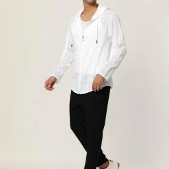 Allegra K Men's Full Zip Linen Hoodies Shirts Long Sleeves Lightweight Solid Plaid Jacket