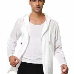 Allegra K Men's Full Zip Linen Hoodies Shirts Long Sleeves Lightweight Solid Plaid Jacket