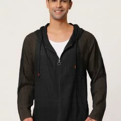 Allegra K Men's Full Zip Linen Hoodies Shirts Long Sleeves Lightweight Solid Plaid Jacket