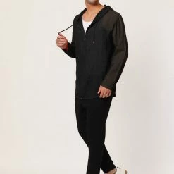 Allegra K Men's Full Zip Linen Hoodies Shirts Long Sleeves Lightweight Solid Plaid Jacket