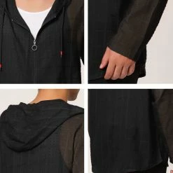 Allegra K Men's Full Zip Linen Hoodies Shirts Long Sleeves Lightweight Solid Plaid Jacket