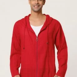 Allegra K Men's Full Zip Linen Hoodies Shirts Long Sleeves Lightweight Solid Plaid Jacket