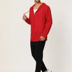 Allegra K Men's Full Zip Linen Hoodies Shirts Long Sleeves Lightweight Solid Plaid Jacket