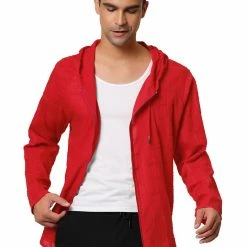 Allegra K Men's Full Zip Linen Hoodies Shirts Long Sleeves Lightweight Solid Plaid Jacket