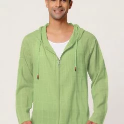 Allegra K Men's Full Zip Linen Hoodies Shirts Long Sleeves Lightweight Solid Plaid Jacket
