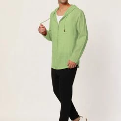 Allegra K Men's Full Zip Linen Hoodies Shirts Long Sleeves Lightweight Solid Plaid Jacket