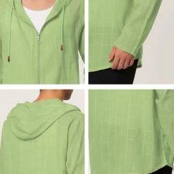 Allegra K Men's Full Zip Linen Hoodies Shirts Long Sleeves Lightweight Solid Plaid Jacket