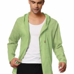 Allegra K Men's Full Zip Linen Hoodies Shirts Long Sleeves Lightweight Solid Plaid Jacket