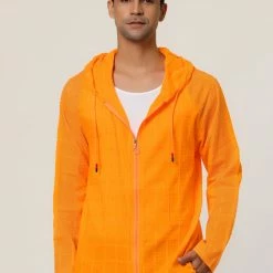 Allegra K Men's Full Zip Linen Hoodies Shirts Long Sleeves Lightweight Solid Plaid Jacket