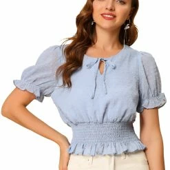 Allegra K Women's Smocked Puff Sleeve Swiss Dots Chiffon Blouse