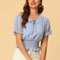 Allegra K Women's Smocked Puff Sleeve Swiss Dots Chiffon Blouse