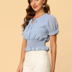 Allegra K Women's Smocked Puff Sleeve Swiss Dots Chiffon Blouse