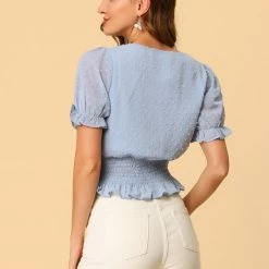 Allegra K Women's Smocked Puff Sleeve Swiss Dots Chiffon Blouse