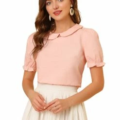 Allegra K Women's Retro Cotton Short Sleeve Peter Pan Collar Blouse