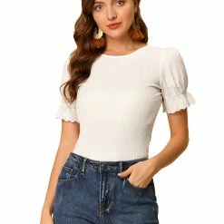 Allegra K Women's Smocked Blouse Round Neck Ruffle Puff Sleeve Top