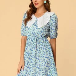 Allegra K Women's Contrast Lace Flat Collar Short Sleeves Floral Dress