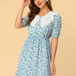 Allegra K Women's Contrast Lace Flat Collar Short Sleeves Floral Dress