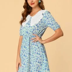 Allegra K Women's Contrast Lace Flat Collar Short Sleeves Floral Dress