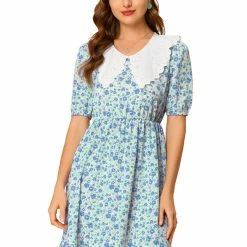 Allegra K Women's Contrast Lace Flat Collar Short Sleeves Floral Dress