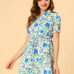 Allegra K Women's Floral Dress Point Collar Button Up Tie Waist Summer Dresses