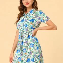 Allegra K Women's Floral Dress Point Collar Button Up Tie Waist Summer Dresses