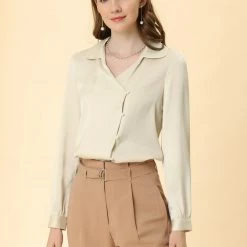 Allegra K Women's Satin Blouse Button Cuff Lapel V-neck Vintage Button Up Shirt 11 Allegra K Women's Satin Blouse Button Cuff Lapel V-neck Vintage Button Up Shirt
