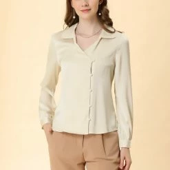 Allegra K Women's Satin Blouse Button Cuff Lapel V-neck Vintage Button Up Shirt 12 Allegra K Women's Satin Blouse Button Cuff Lapel V-neck Vintage Button Up Shirt