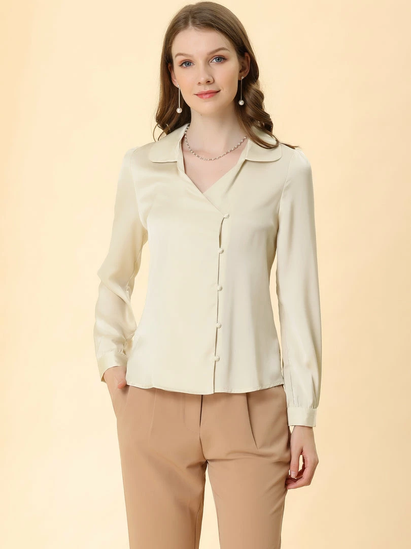 Allegra K Women's Satin Blouse Button Cuff Lapel V-neck Vintage Button Up Shirt 6 Allegra K Women's Satin Blouse Button Cuff Lapel V-neck Vintage Button Up Shirt