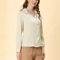 Allegra K Women's Satin Blouse Button Cuff Lapel V-neck Vintage Button Up Shirt 13 Allegra K Women's Satin Blouse Button Cuff Lapel V-neck Vintage Button Up Shirt