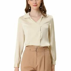 Allegra K Women's Satin Blouse Button Cuff Lapel V-neck Vintage Button Up Shirt