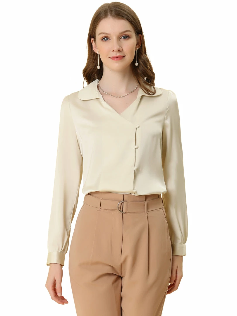 Allegra K Women's Satin Blouse Button Cuff Lapel V-neck Vintage Button Up Shirt 4 Allegra K Women's Satin Blouse Button Cuff Lapel V-neck Vintage Button Up Shirt