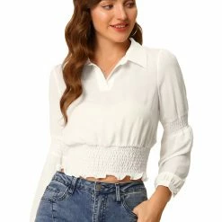 Allegra K Women's Smocked Crop Top Sheer Mesh Long Sleeve Point Collar Chiffon Blouse