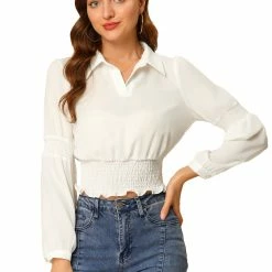 Allegra K Women's Smocked Crop Top Sheer Mesh Long Sleeve Point Collar Chiffon Blouse